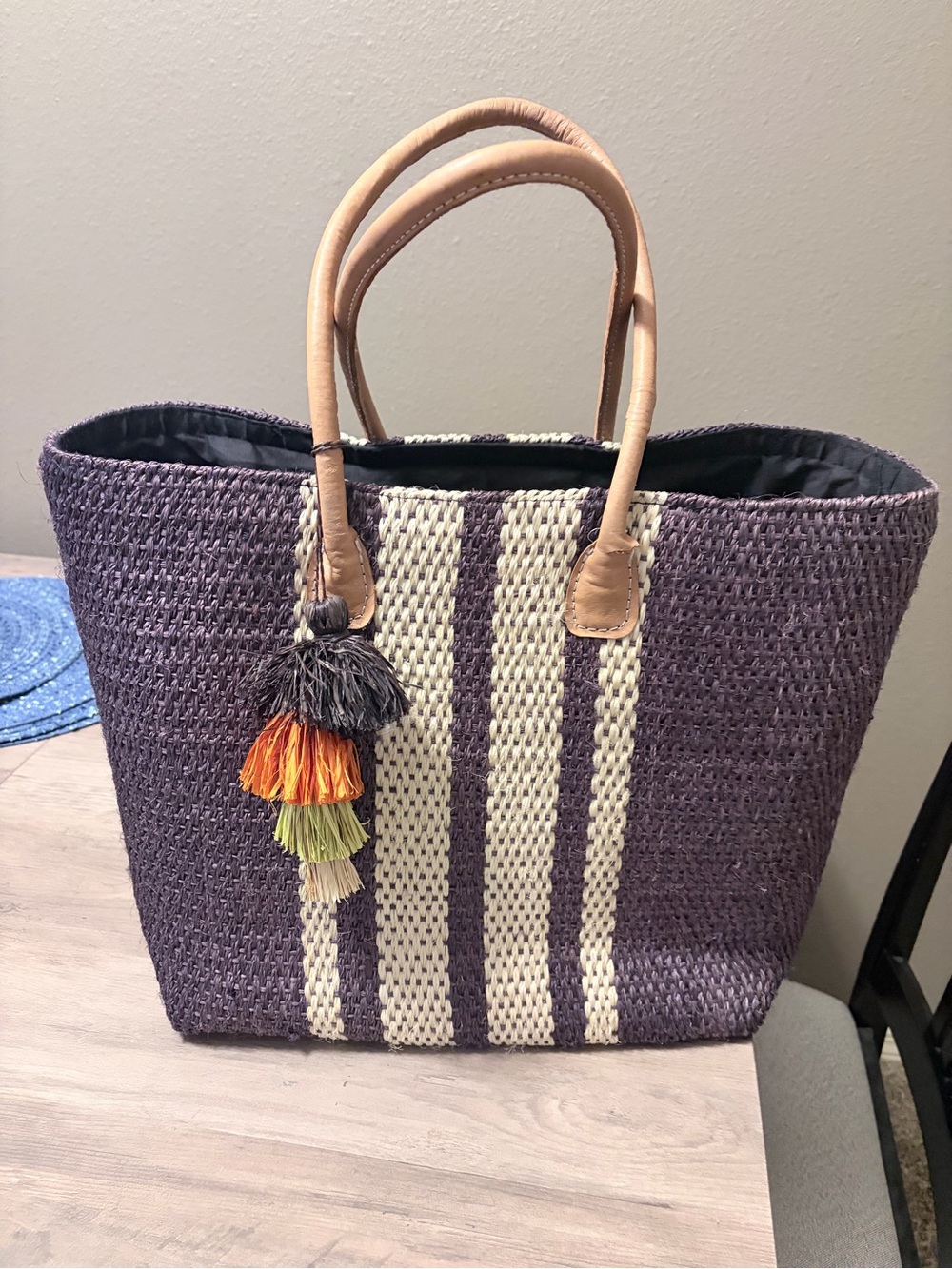 Woven Purple Stripe Tote with Tassel Handles